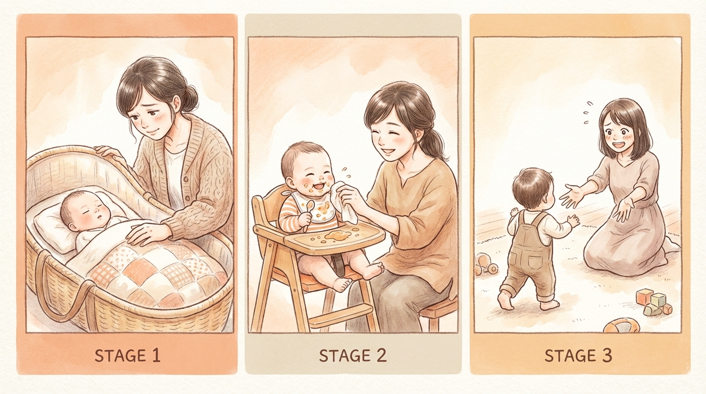 新生児から1歳頃までの赤ちゃんの成長段階とそれに伴うママの悩みの変化