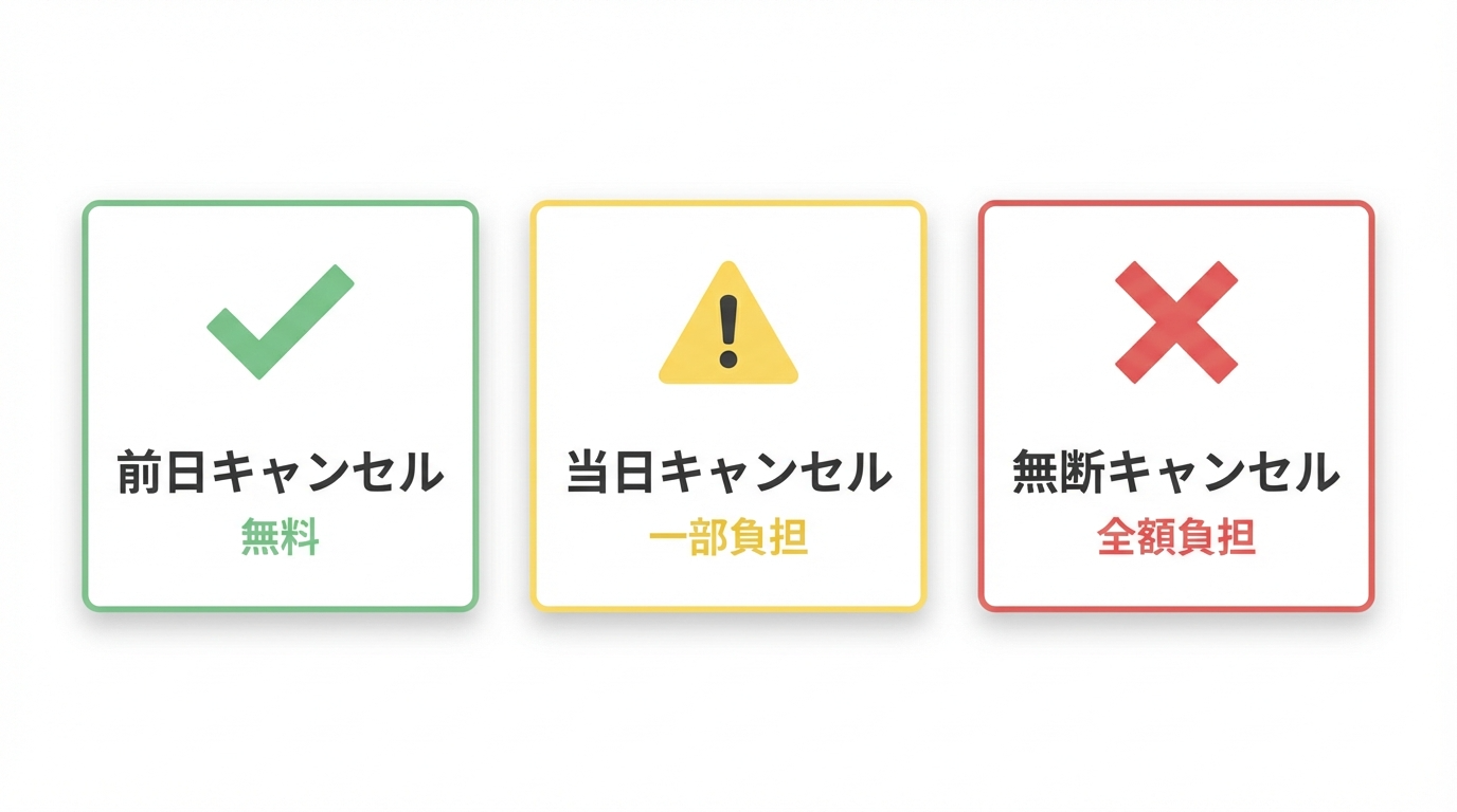 前日キャンセル、当日キャンセル、無断キャンセルの3区分による料金発生の違いをまとめた表