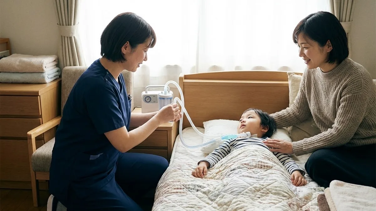 医療的ケア児の吸引を行う訪問看護師と母親