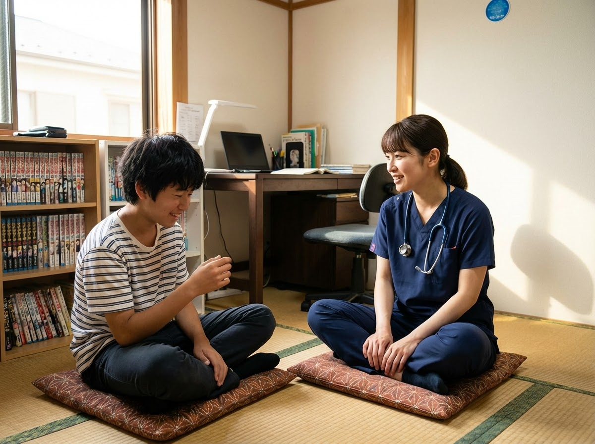 不登校支援で訪問看護師と自室で会話する子供