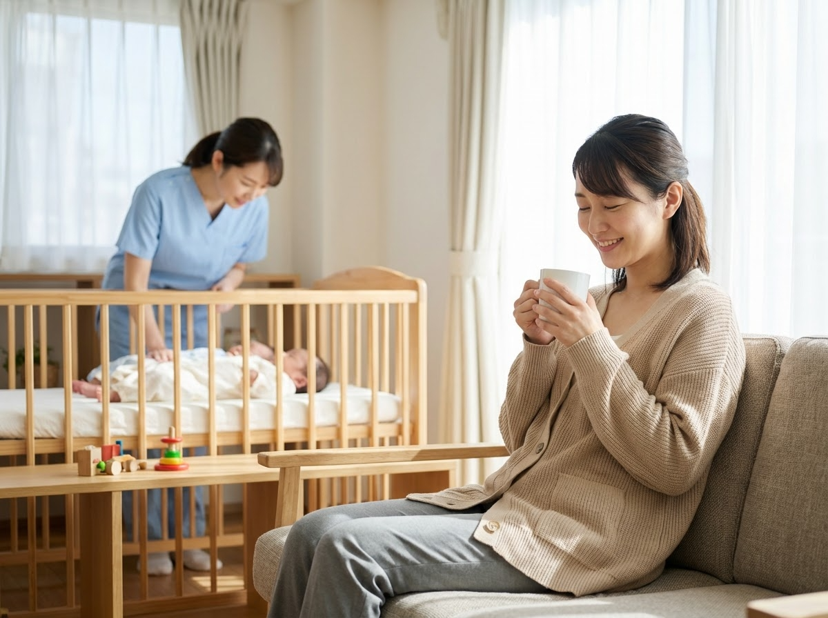 双子育児のママと訪問看護師がリビングで笑顔で会話