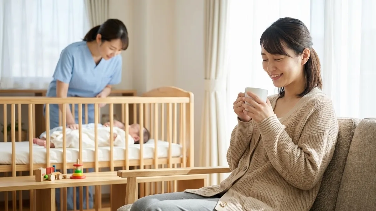 双子育児のママと訪問看護師がリビングで笑顔で会話