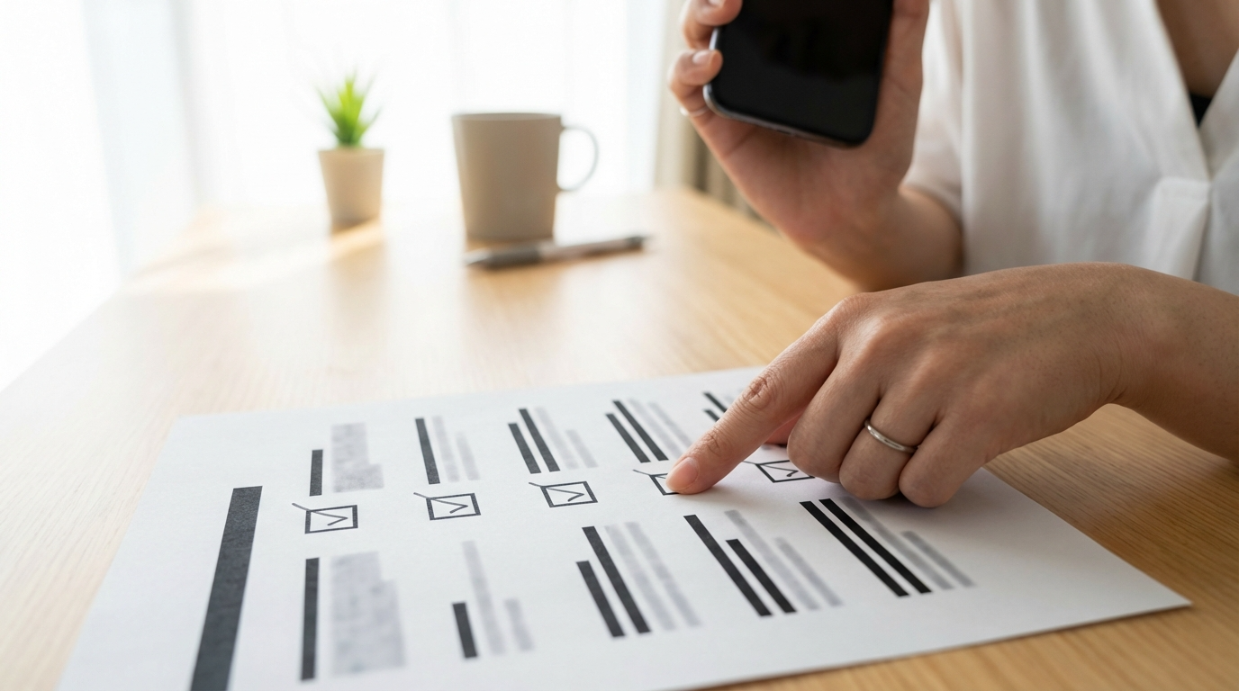 書類を確認しながら電話をする女性の手元