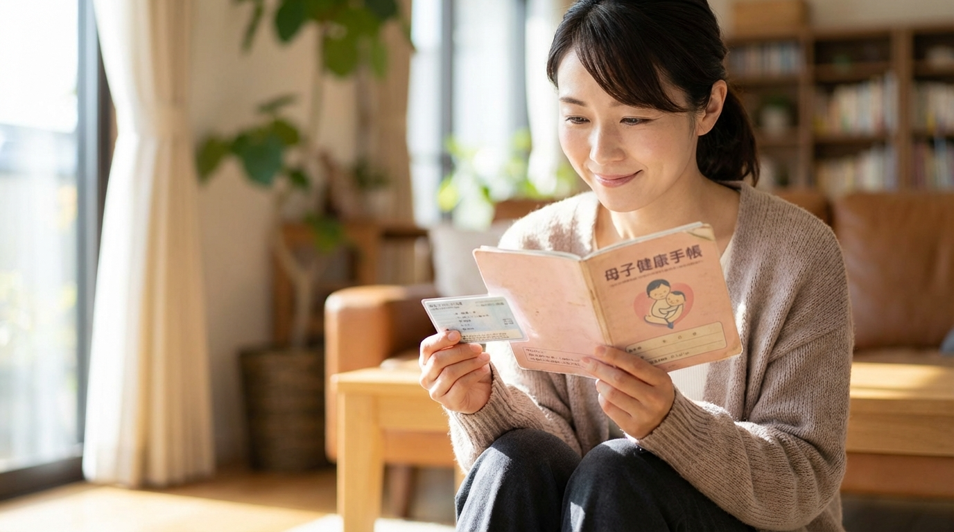 母子健康手帳と子ども医療証を持って安心している保護者のイメージ