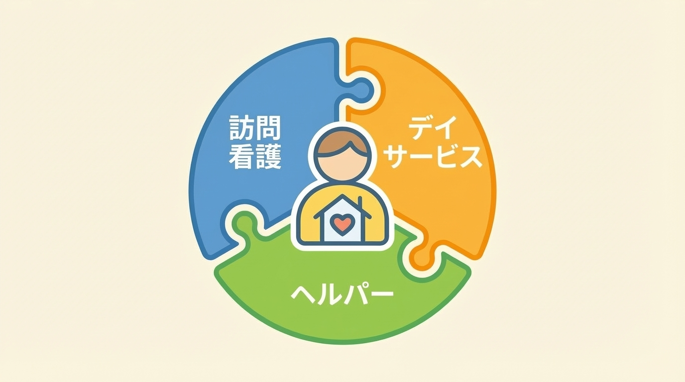 訪問看護とデイサービス、ヘルパー、学校などが連携して一人の利用者を支えるイメージイラスト