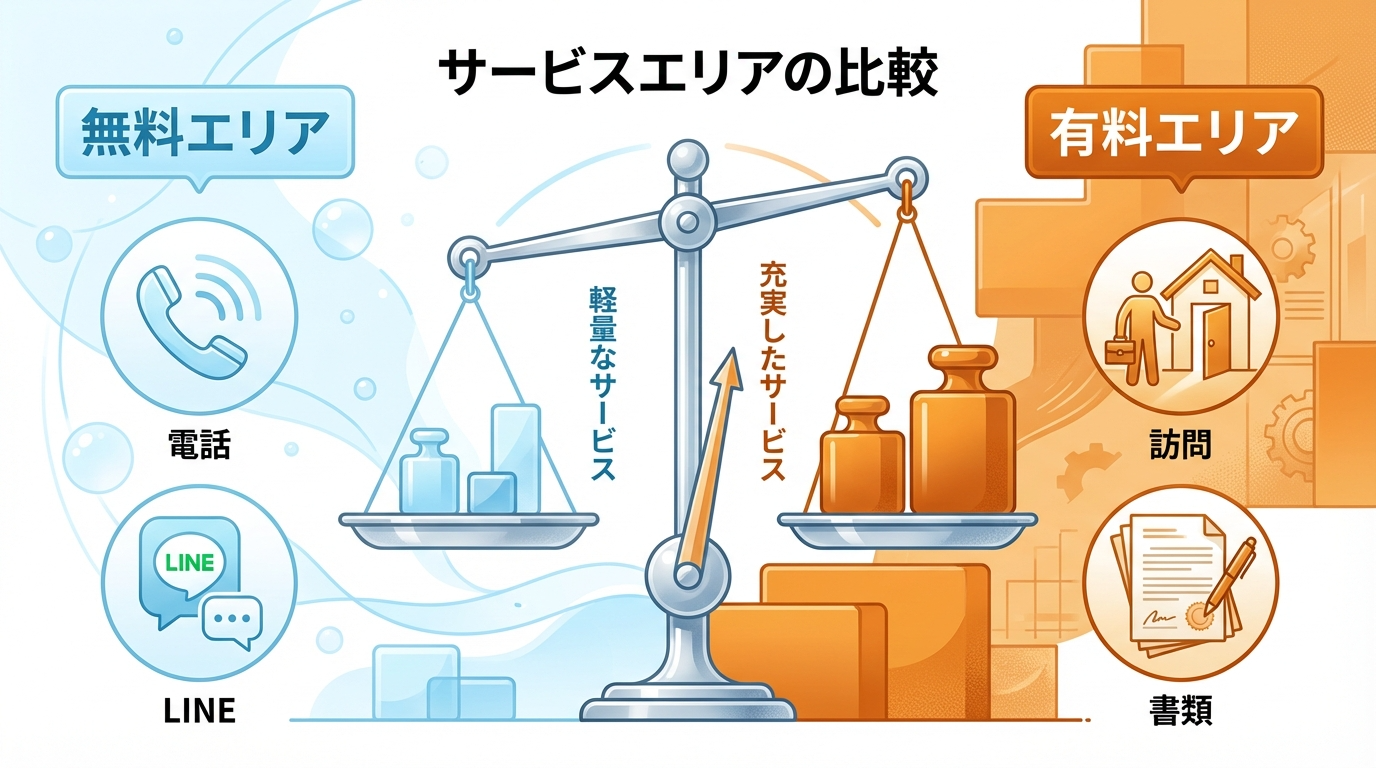 電話相談などの無料範囲と、訪問評価などの有料範囲を分けた料金構造の図解