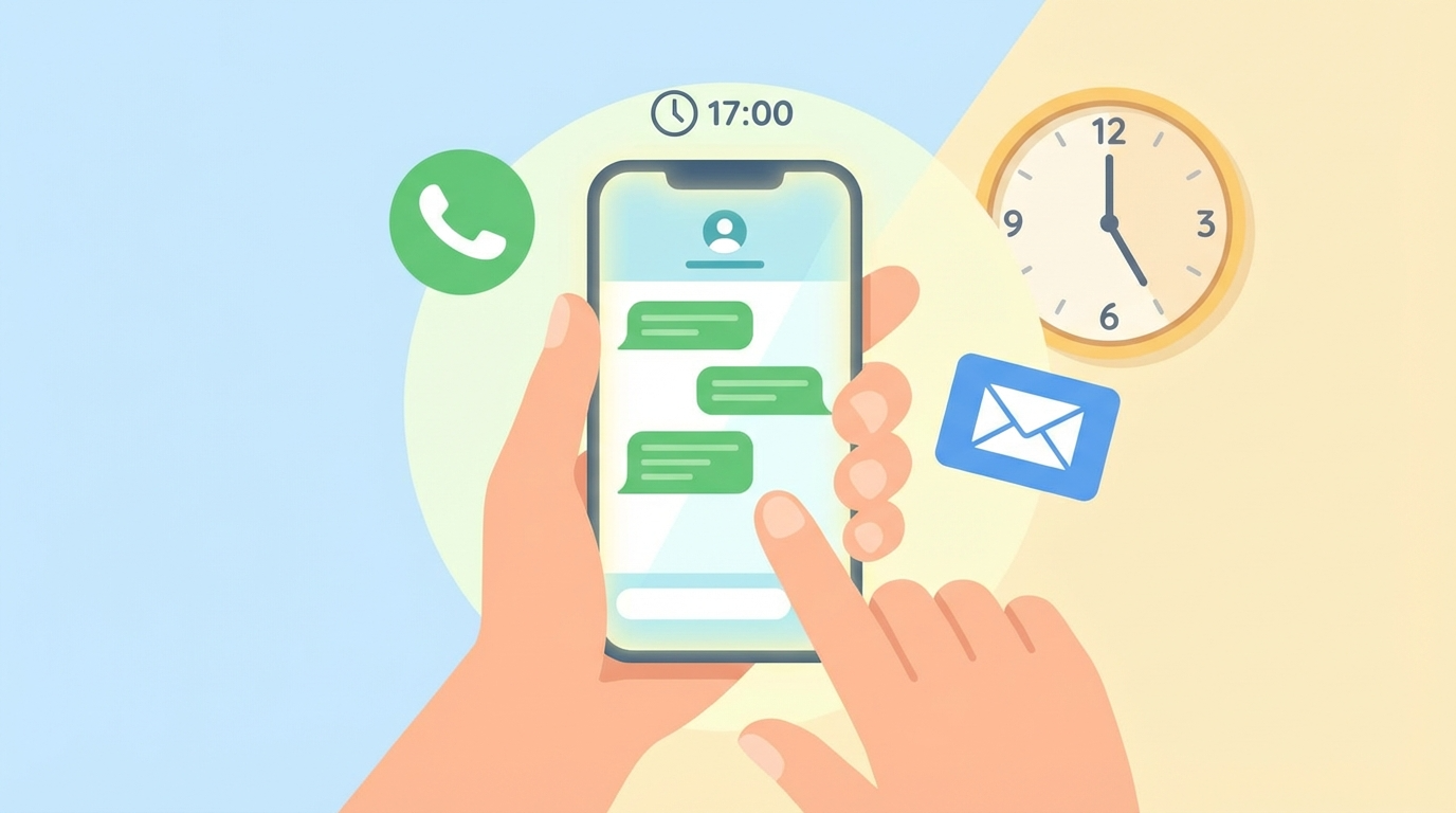 電話やLINEでの連絡イメージと、受付時間の確認ポイントを描いたイラスト