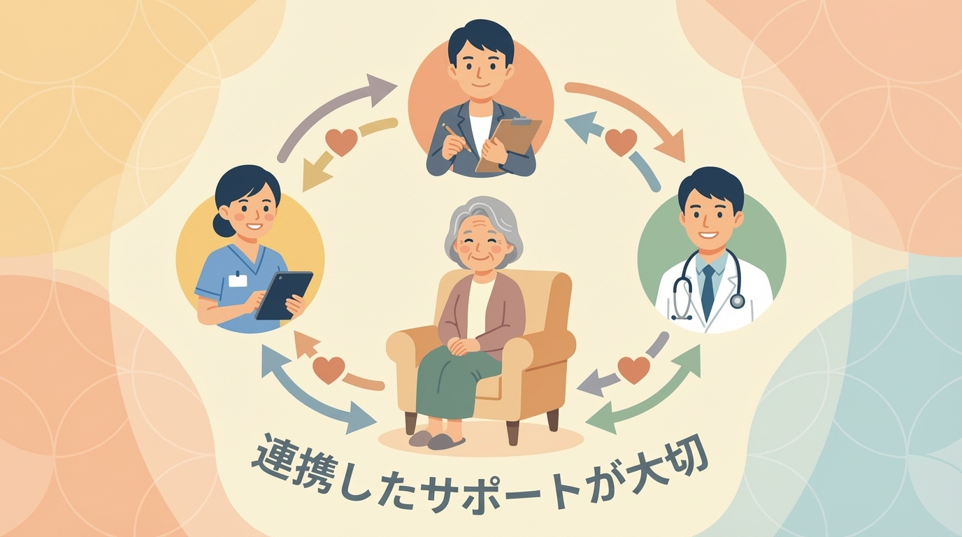 利用者、訪問看護、関係機関（学校やケアマネ）が連携して調整を進める3ステップのフロー図