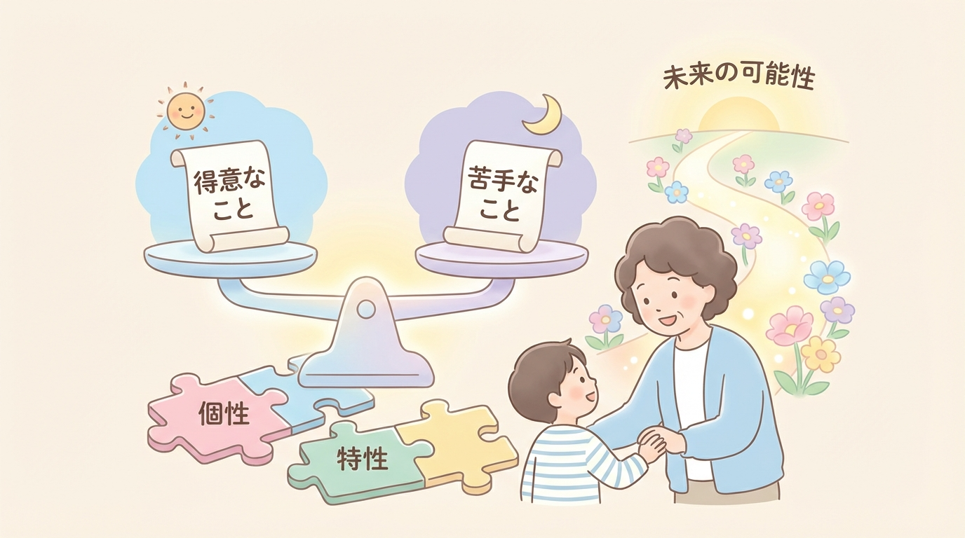 検査結果でわかる得意・不得意の傾向と、それだけでは決まらない将来性などを対比させた図解