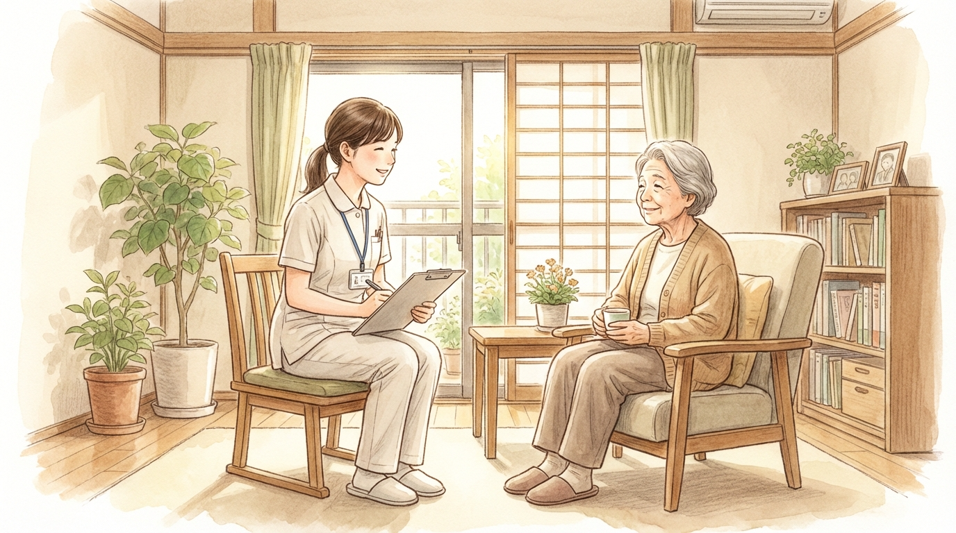 看護師が利用者の自宅を訪問し、状態を確認している様子のイラスト