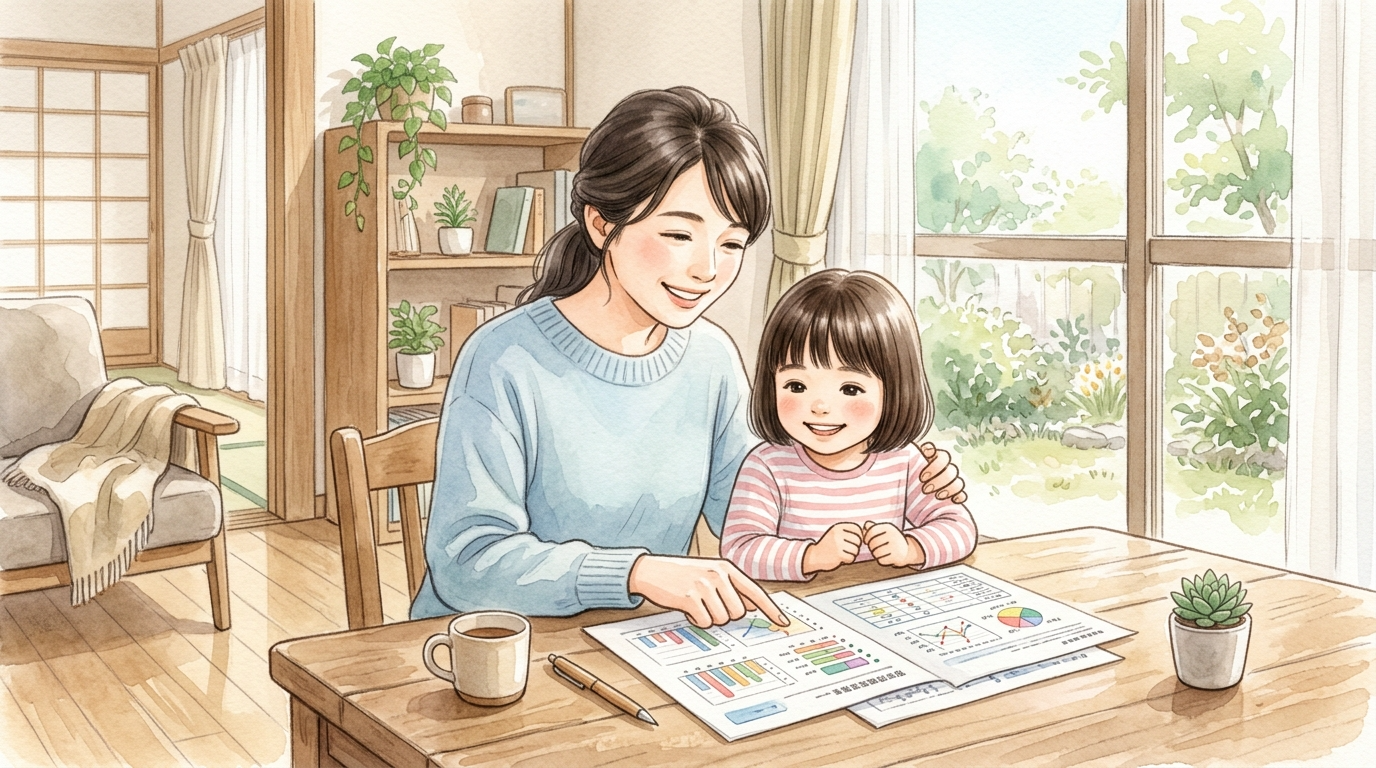 発達検査の結果書類と、それを見ながら笑顔で会話する親子の水彩画風イラスト
