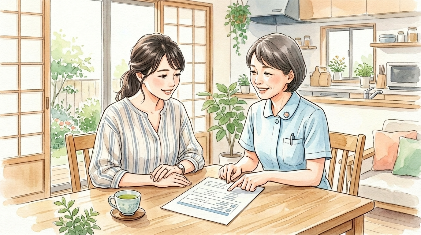 訪問看護師が親御さんと一緒に、テーブルの上で緊急連絡先リストや電話番号を確認している水彩画風イラスト