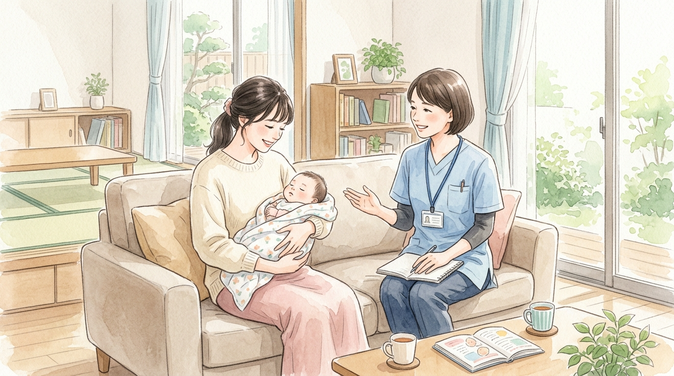 訪問看護師と笑顔で話しながら、リラックスして赤ちゃんを抱っこする母親の水彩画風イラスト
