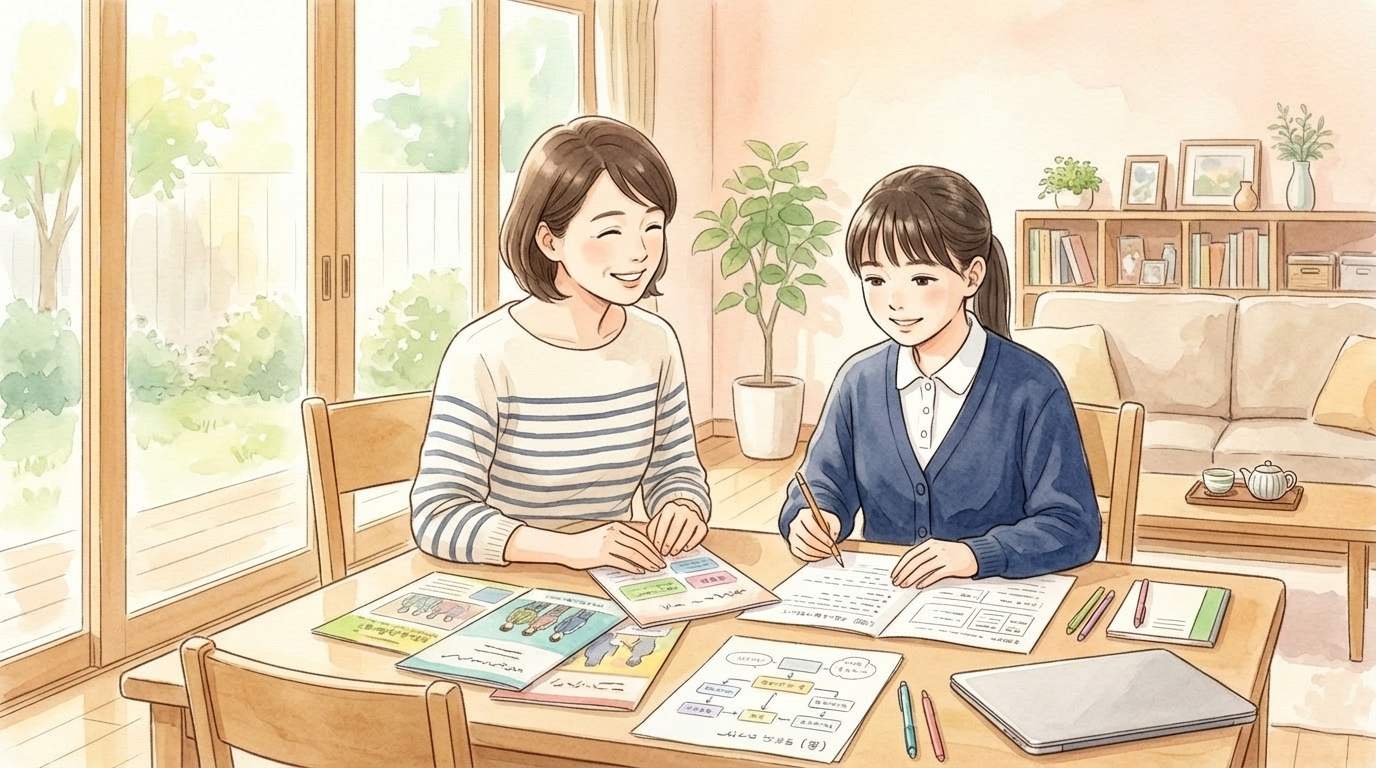不登校のお子さんの進路について、前向きに資料を見ながら話し合う親子の様子