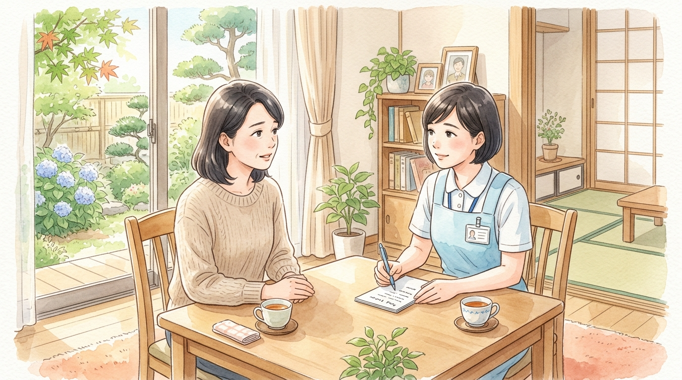 家での子どもの癇癪や暴言について、訪問看護師と一緒に状況を整理している保護者の様子