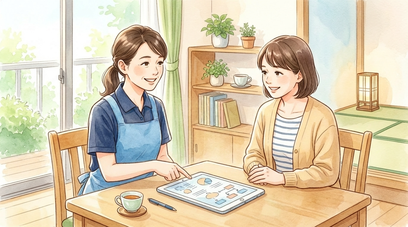 訪問看護師がリビングで家族と一緒に、書類やタブレットを見ながら医療保険の利用条件について分かりやすく説明している様子