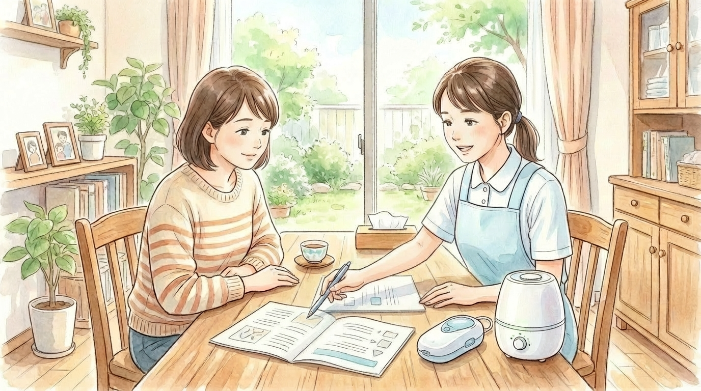 訪問看護師がご家庭で、家族と一緒に医療的ケア児のケア手順や機器の確認を丁寧に行っている様子