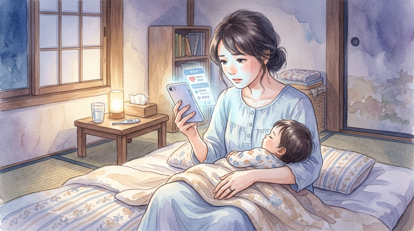 夜中の薄暗い部屋で、子どもを抱きかかえながらスマートフォンで緊急連絡先を確認している母親の様子