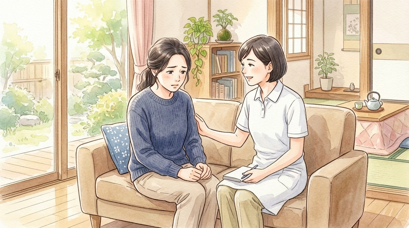 不安そうな表情の親御さんに、看護師が優しく寄り添いながら話を聴いている水彩画風のイラスト