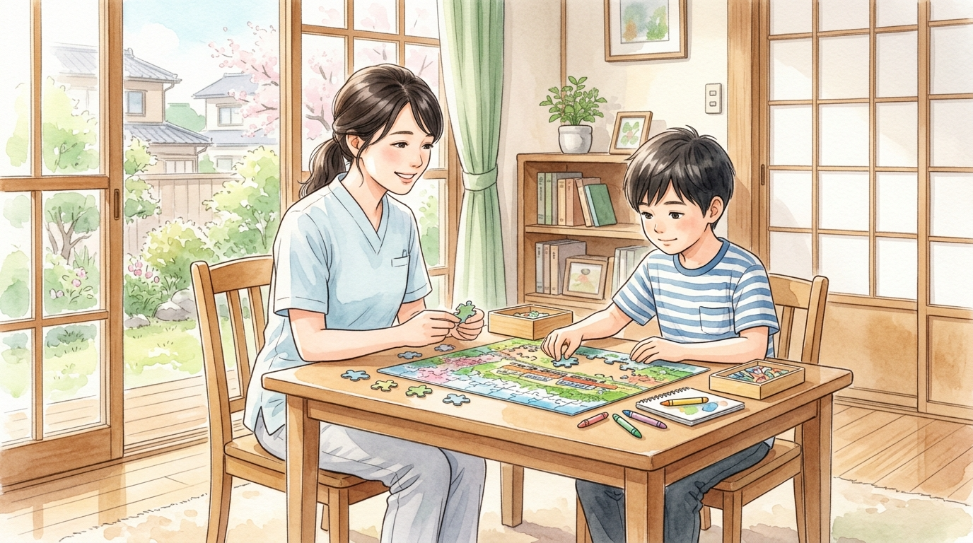 自宅のリビングで、訪問看護師が不登校のお子さんと一緒にパズルや創作活動をしながら、穏やかに寄り添っている水彩画風イラスト