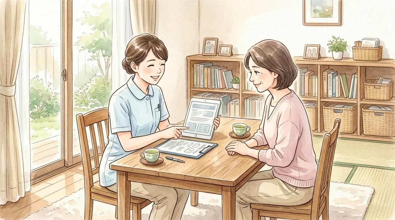 ご自宅のテーブルで、訪問看護師が親御さんに料金や制度について分かりやすく説明している水彩画風のイラスト