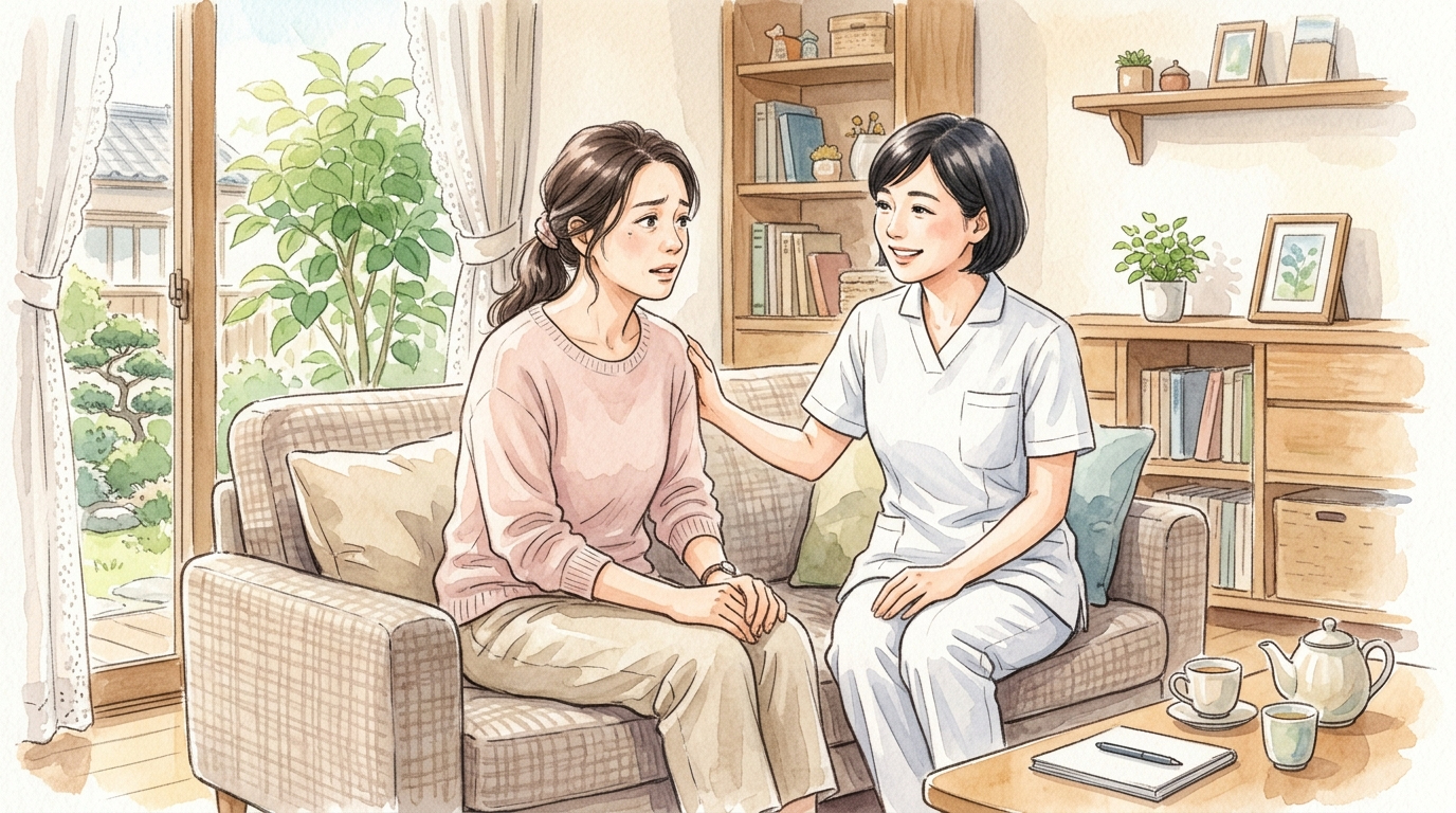 育児に疲れ、不安そうな表情でソファーに座る母親に、訪問看護師が優しく寄り添い、話を聞いている水彩画風のイラスト
