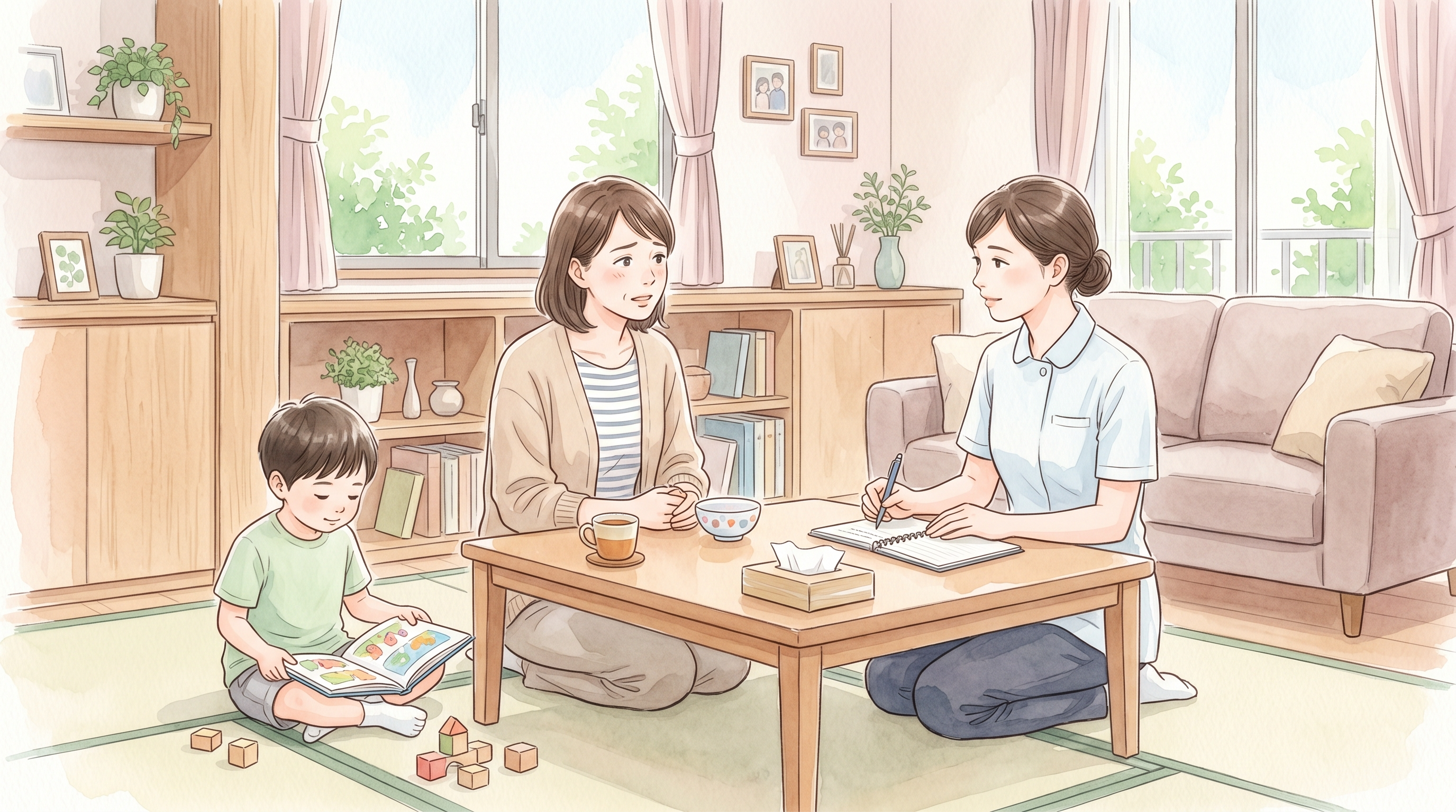育児の負担が大きい保護者の話を自宅で聞く訪問看護師と近くで過ごす子どもの水彩画イラスト