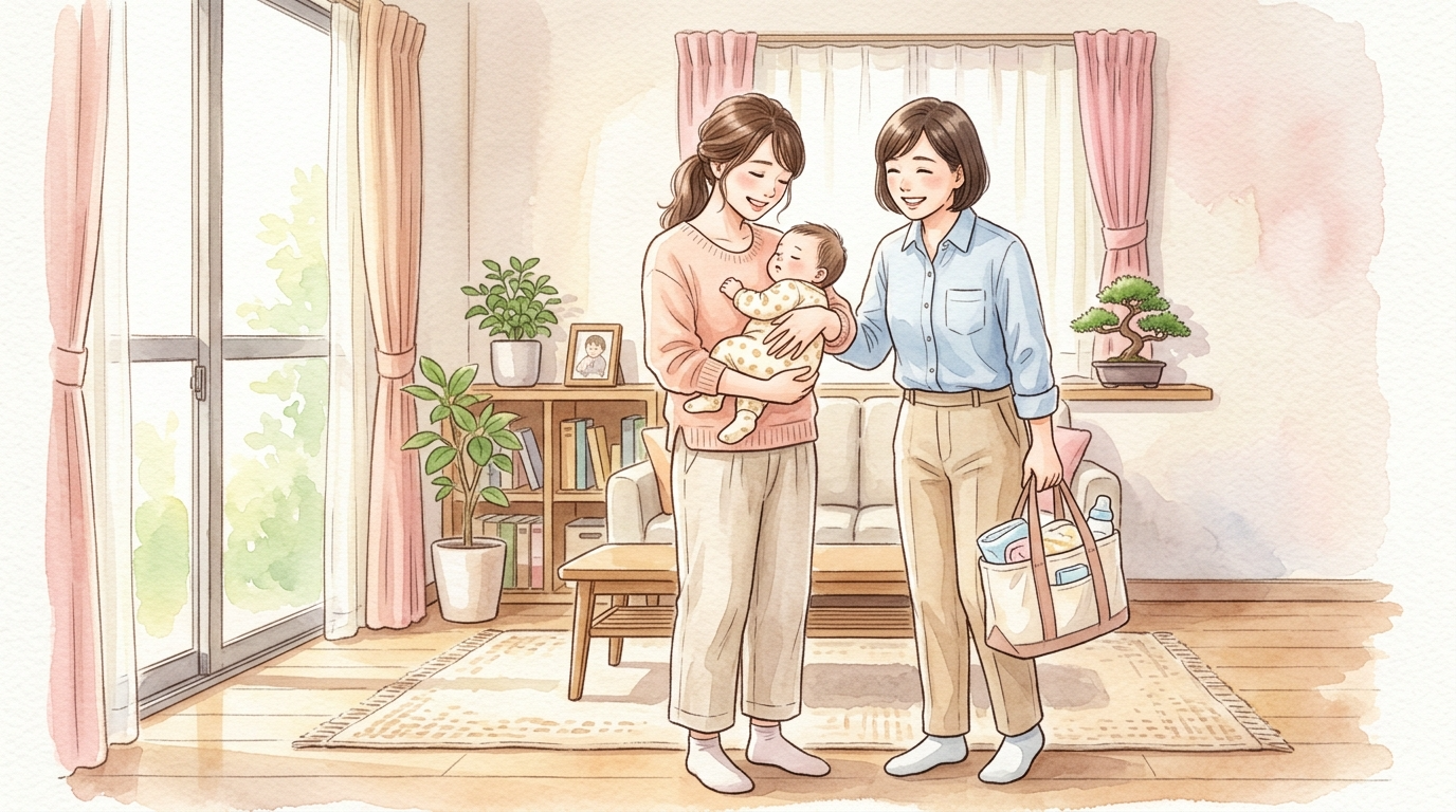 母親と赤ちゃんがいる自宅に、訪問看護師やシッターが訪れてサポートしている様子の水彩画風のイラスト