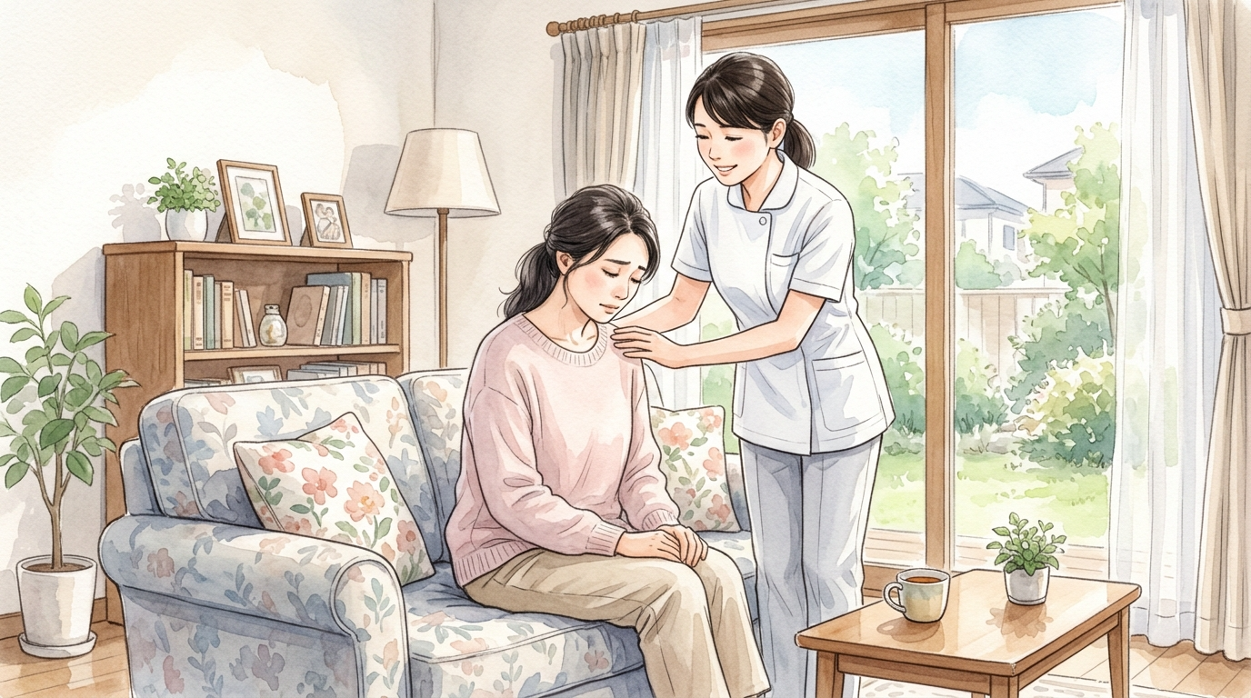 疲れ切ってうつむく母親の背中に、優しく手を添える看護師の水彩画風イラスト