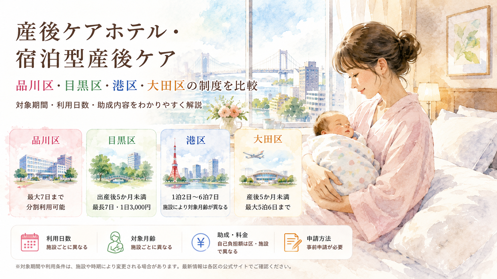 品川区・目黒区・港区・大田区の宿泊型産後ケアを確認する親子の水彩イラスト