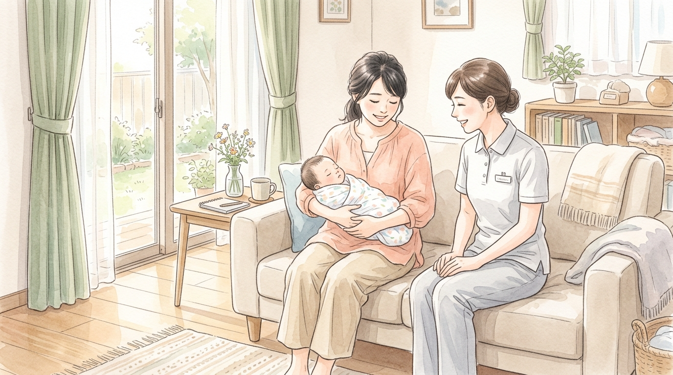 産後の自宅で、訪問看護師やヘルパーなどの支援スタッフが、母親に優しく寄り添いながら赤ちゃんのケアをサポートしている水彩画風のイラスト
