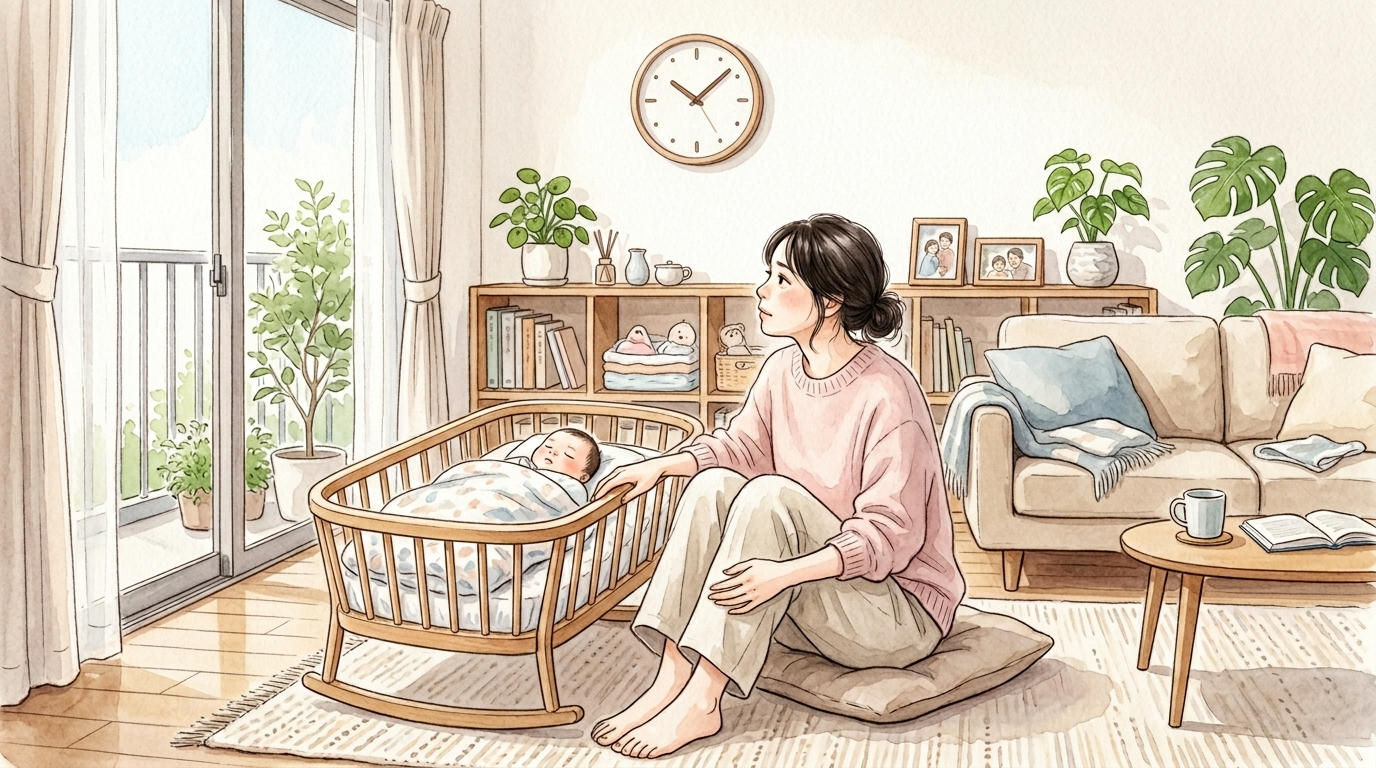 産後の母親が赤ちゃんの横で時間を気にしつつ、疲労と向き合いながらケアをしている水彩画風イラスト