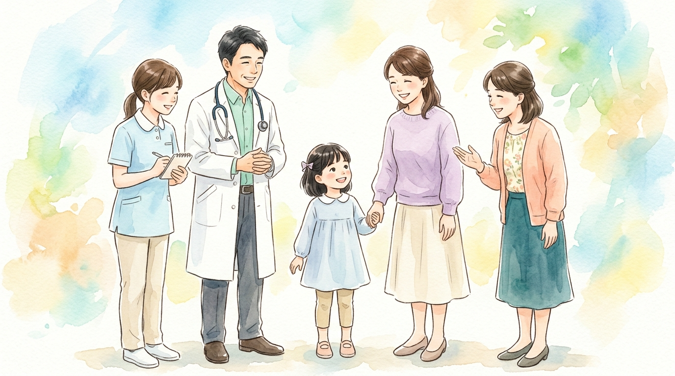 訪問看護師が中心となり、医師や学校の先生など複数の専門職が連携して家族をサポートしている水彩画風イラスト