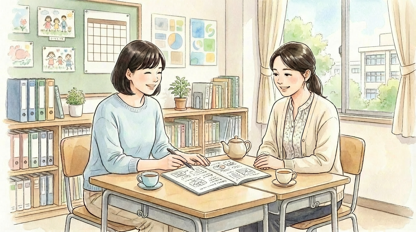 学校の相談室で、訪問看護師と担任の先生が穏やかに話し合いながら、お子さんの支援計画を共有している水彩画風イラスト