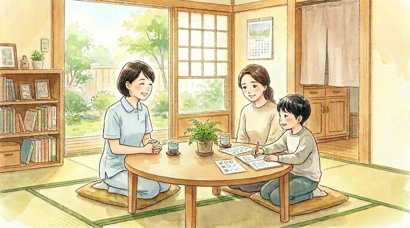 自宅のリビングで、訪問看護師が不登校のお子さんと家族に寄り添いながら支援目標を一緒に考えている水彩画風イラスト