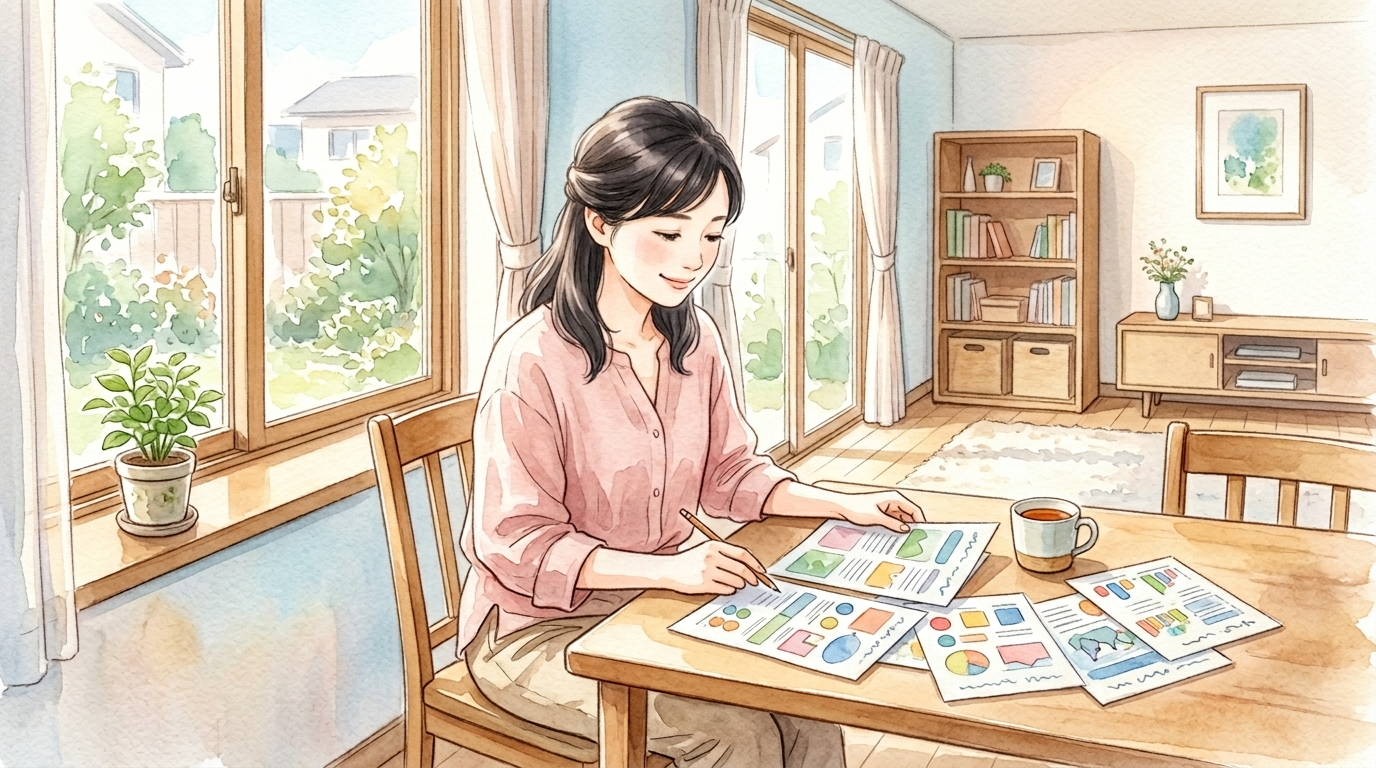複数の学びの場や進路の選択肢を前に、日本人の母親が資料を見ながら穏やかに考えている水彩画イラスト