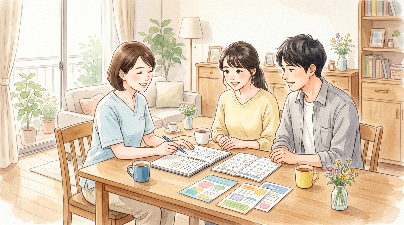 カレンダーや手帳を見ながら、産後の支援スケジュールを専門スタッフと相談している日本人の親御さんの水彩画イラスト