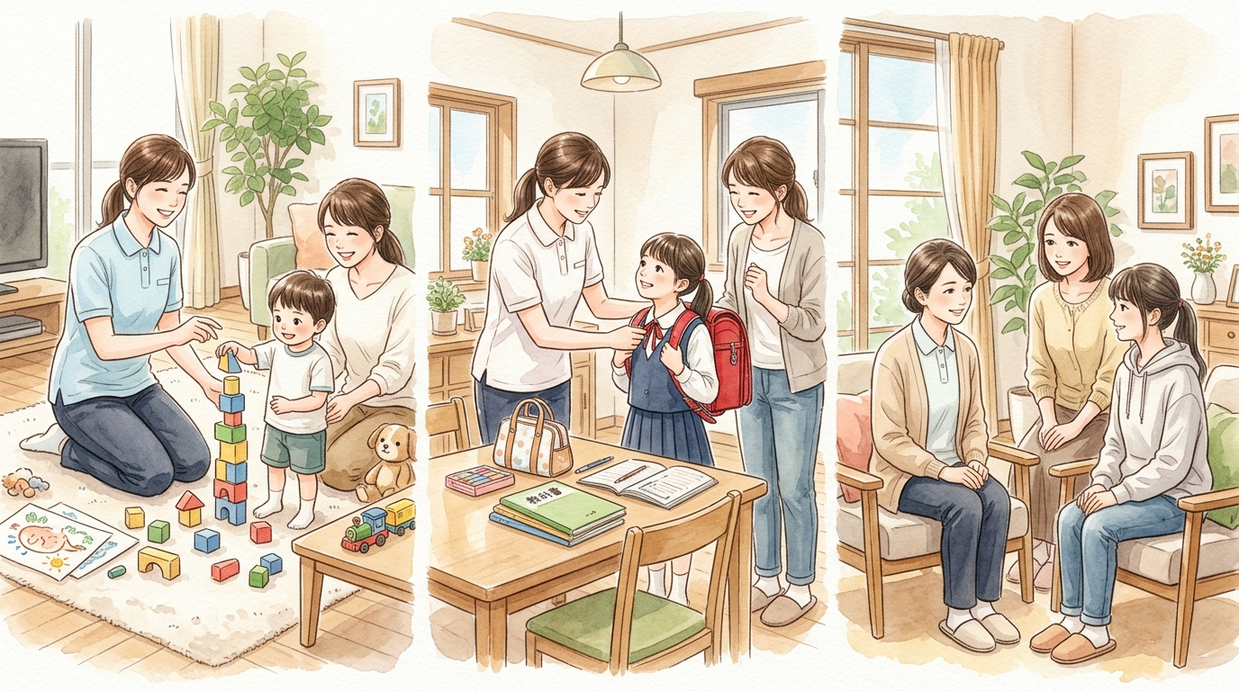年齢ごとの訪問看護の支援を相談する親と看護師のイメージ