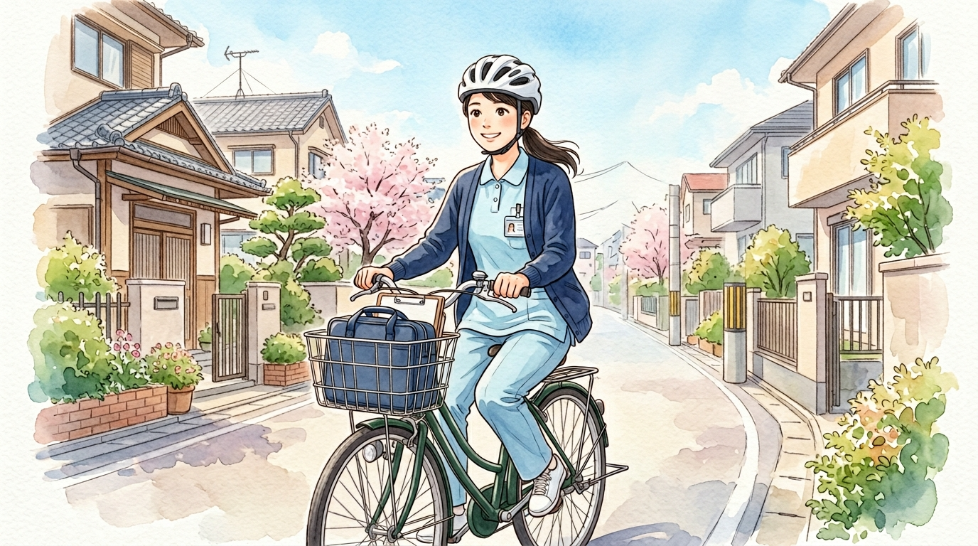 訪問看護師が自転車で訪問先の家に向かう水彩画イラスト