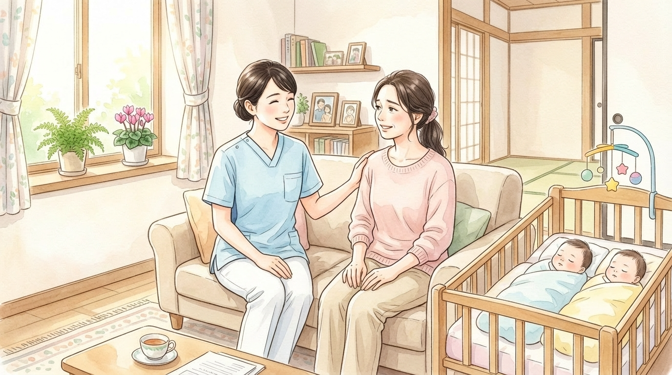 双子の赤ちゃんを抱えるお母さんに寄り添い育児相談に乗る訪問看護師の水彩画イラスト