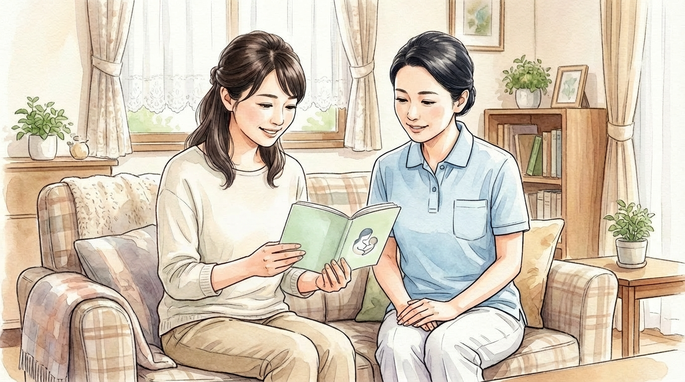 母子健康手帳を見ながら訪問看護師と一緒に予防接種スケジュールを確認する日本人の母親の水彩画イラスト