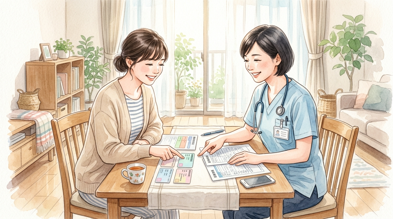 訪問看護の利用に必要な書類や保険証をテーブルに広げて、ご家族と看護師が一緒に確認している水彩画風イラスト