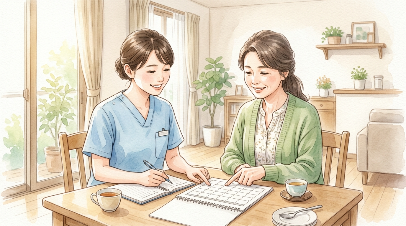 訪問看護師と家族がカレンダーを見ながら訪問頻度を相談している水彩画風イラスト