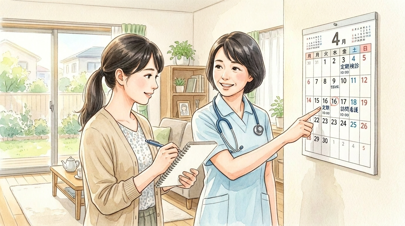 訪問看護のキャンセルやスケジュールについて、カレンダーを見ながら整理している家族と訪問看護師のやさしいイラスト