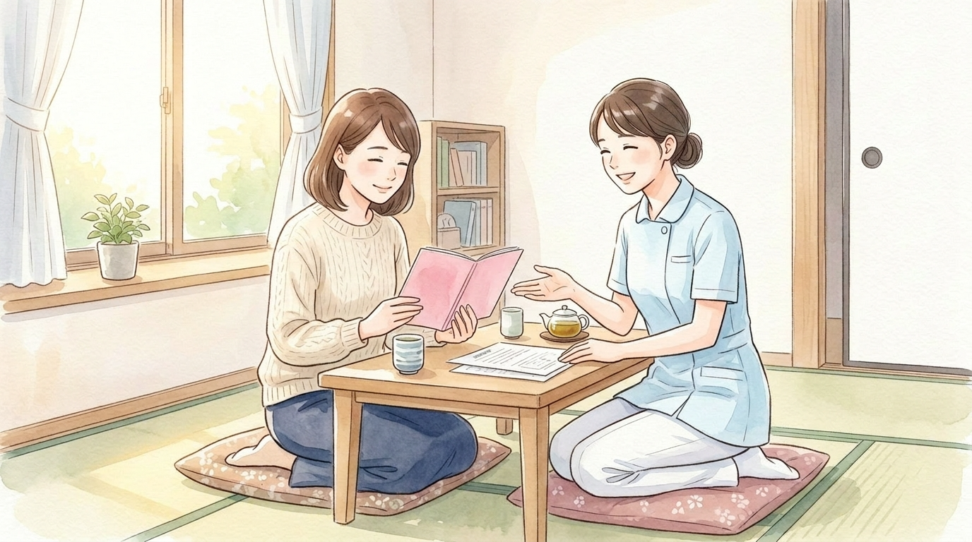 子ども医療証や母子手帳を手に、訪問看護師と和やかに相談している親御さんのイラスト