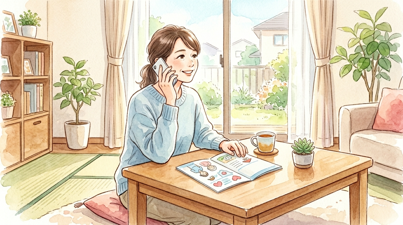 訪問看護のパンフレットを見ながら、費用や手続きについて電話やLINEで気軽に相談している親御さん
