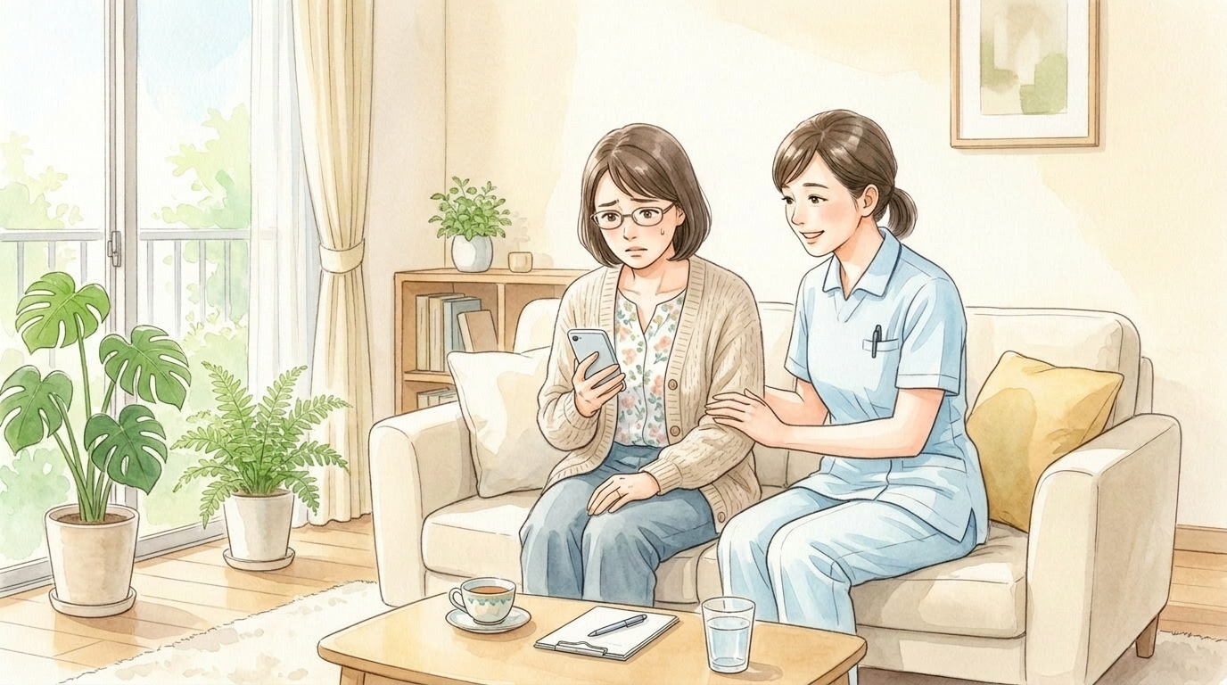 不安そうな表情でスマートフォンを見ながら、訪問看護師に相談している親御さんのやさしい水彩画風イラスト