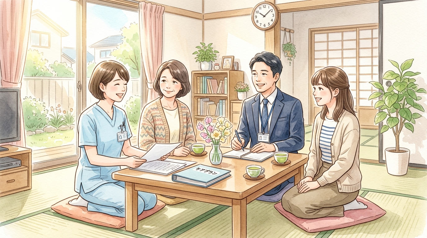 訪問看護師、ケアマネジャー、学校の先生、親御さんが一つのテーブルを囲んで和やかに相談・連携している様子