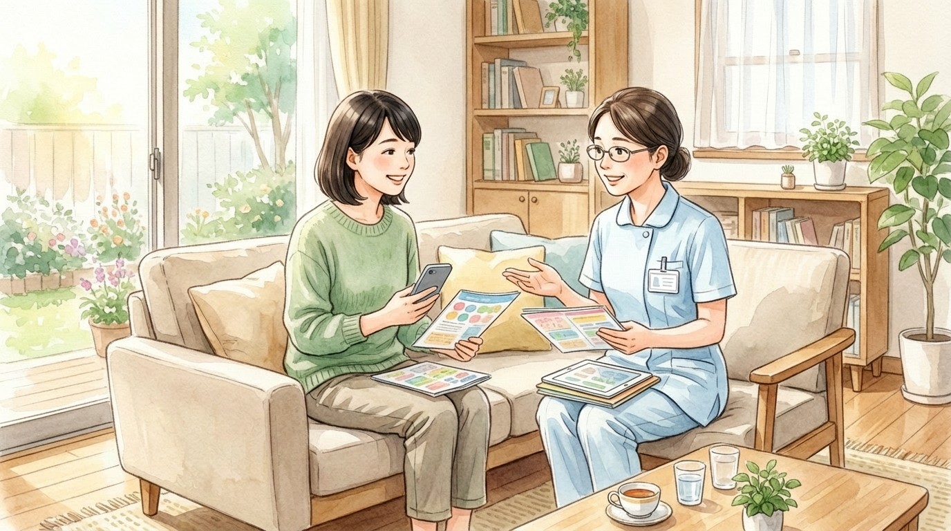 こども誰でも通園制度や育児支援について、訪問看護師と和やかに相談している親御さんのやさしいイラスト