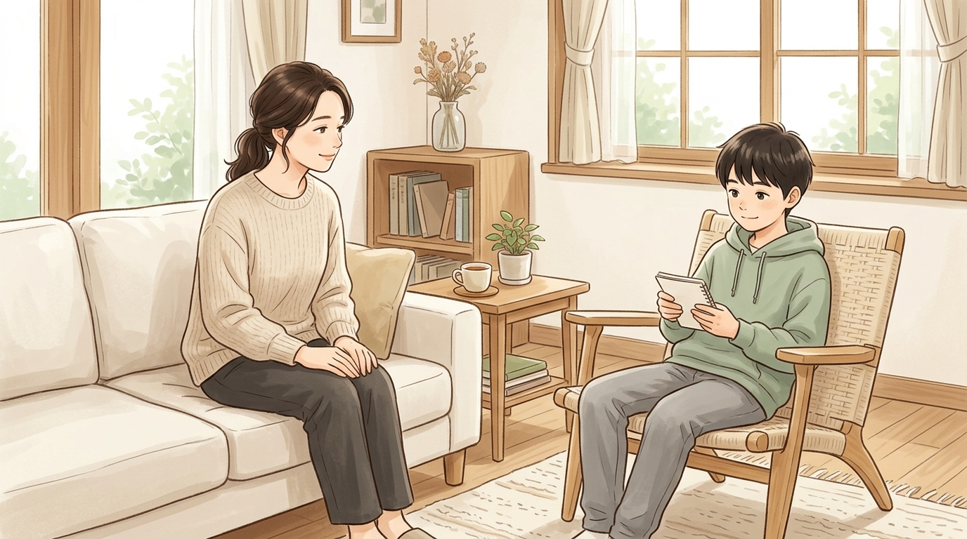 親子がリビングでリラックスして過ごしている優しい色使いのイラスト